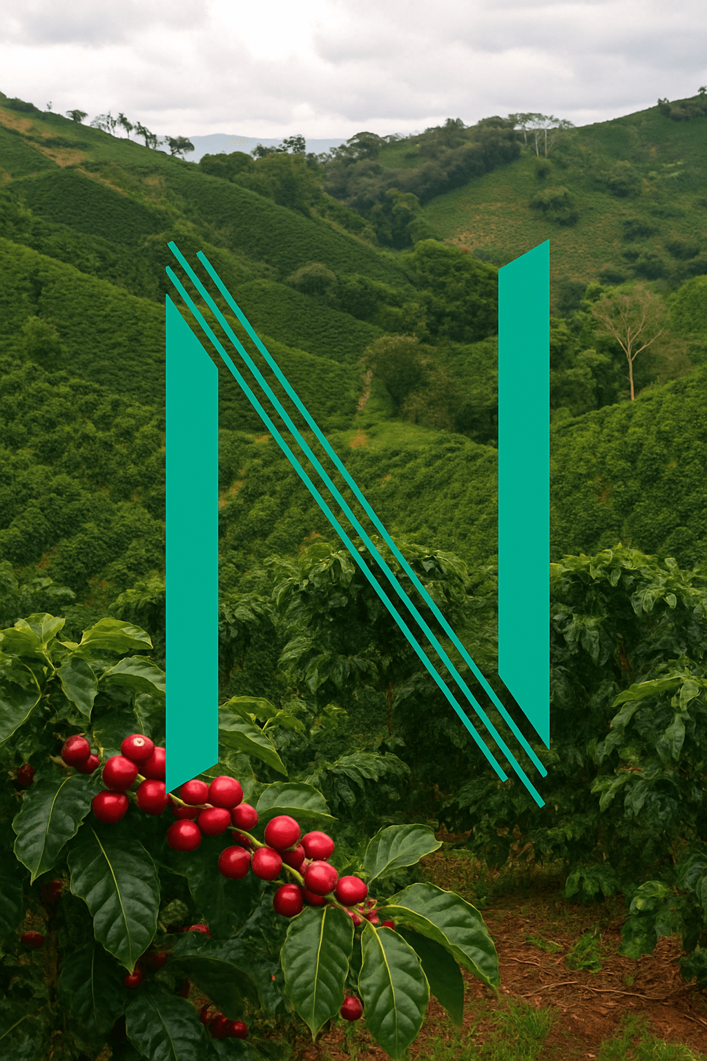 Nomad Detroit Coffee - Coffee farm landscape with signature N logo, representing our journey from farm to cup